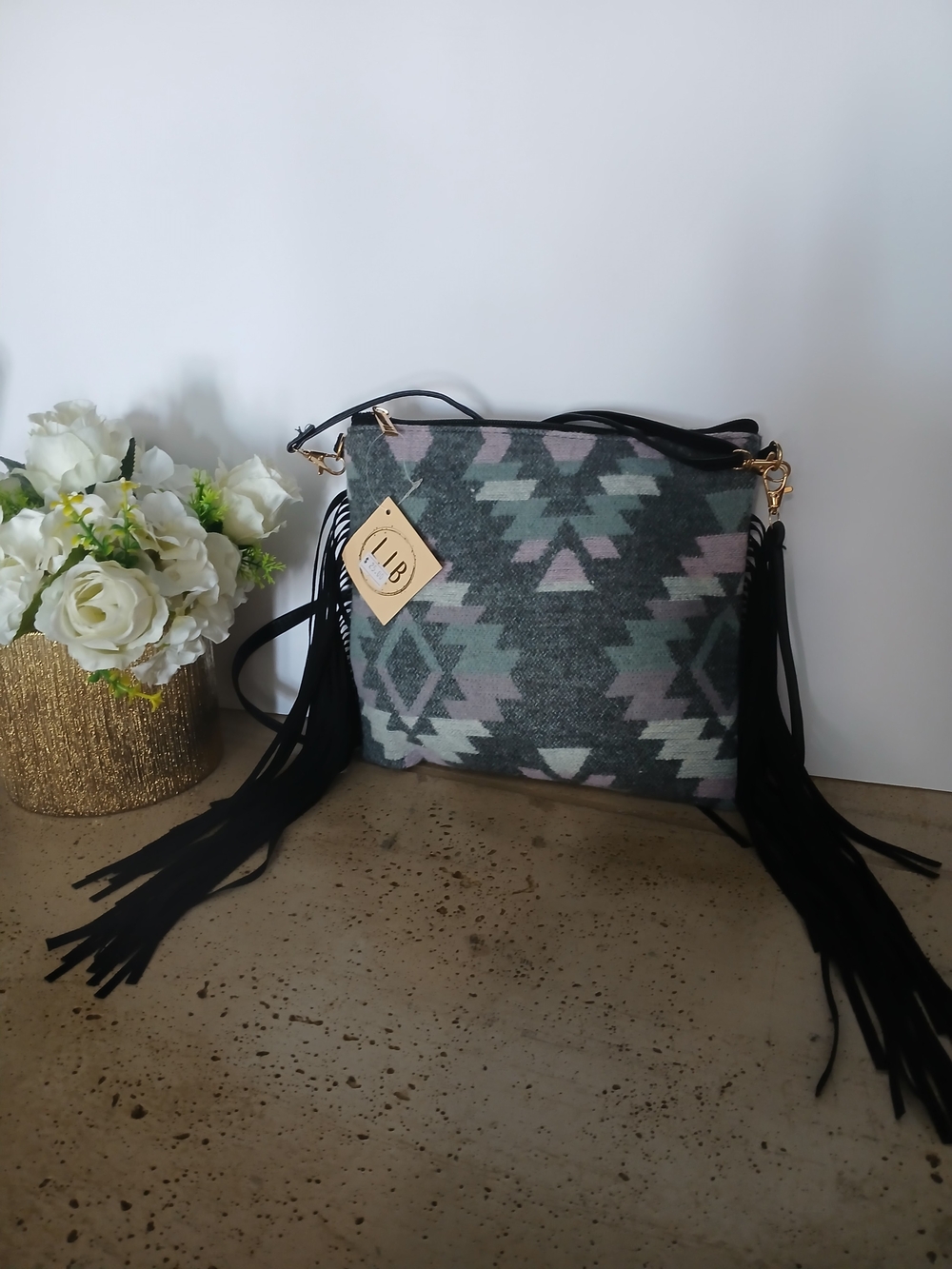 Sam & Libby Aztec Fringe Crossbody in Green, Pink & Black